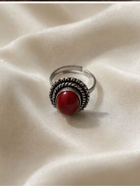 Sterling-Style Silver Ring with Red Cabochon